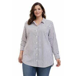 Roamans Striped Button Front Tunic Shirt Womens 1X Black White
